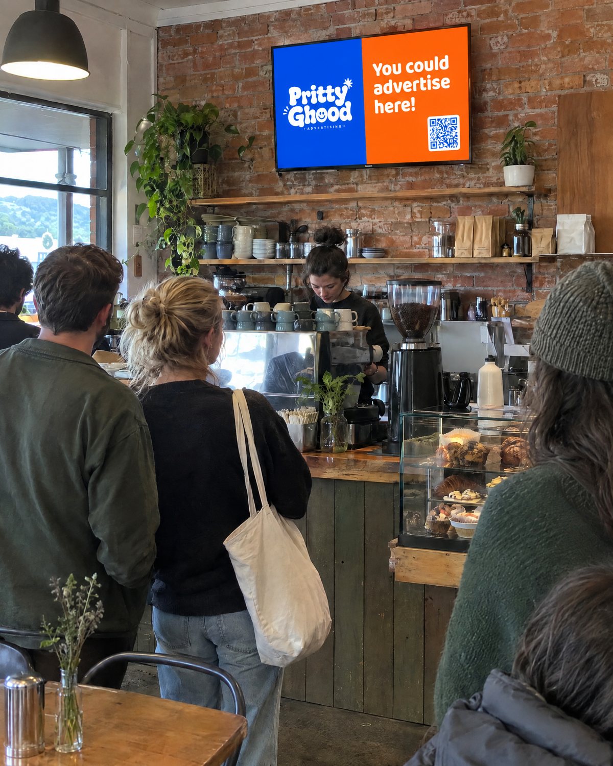 Customers queueing at a cafe counter under a wall screen showing a Pritty Ghood ad