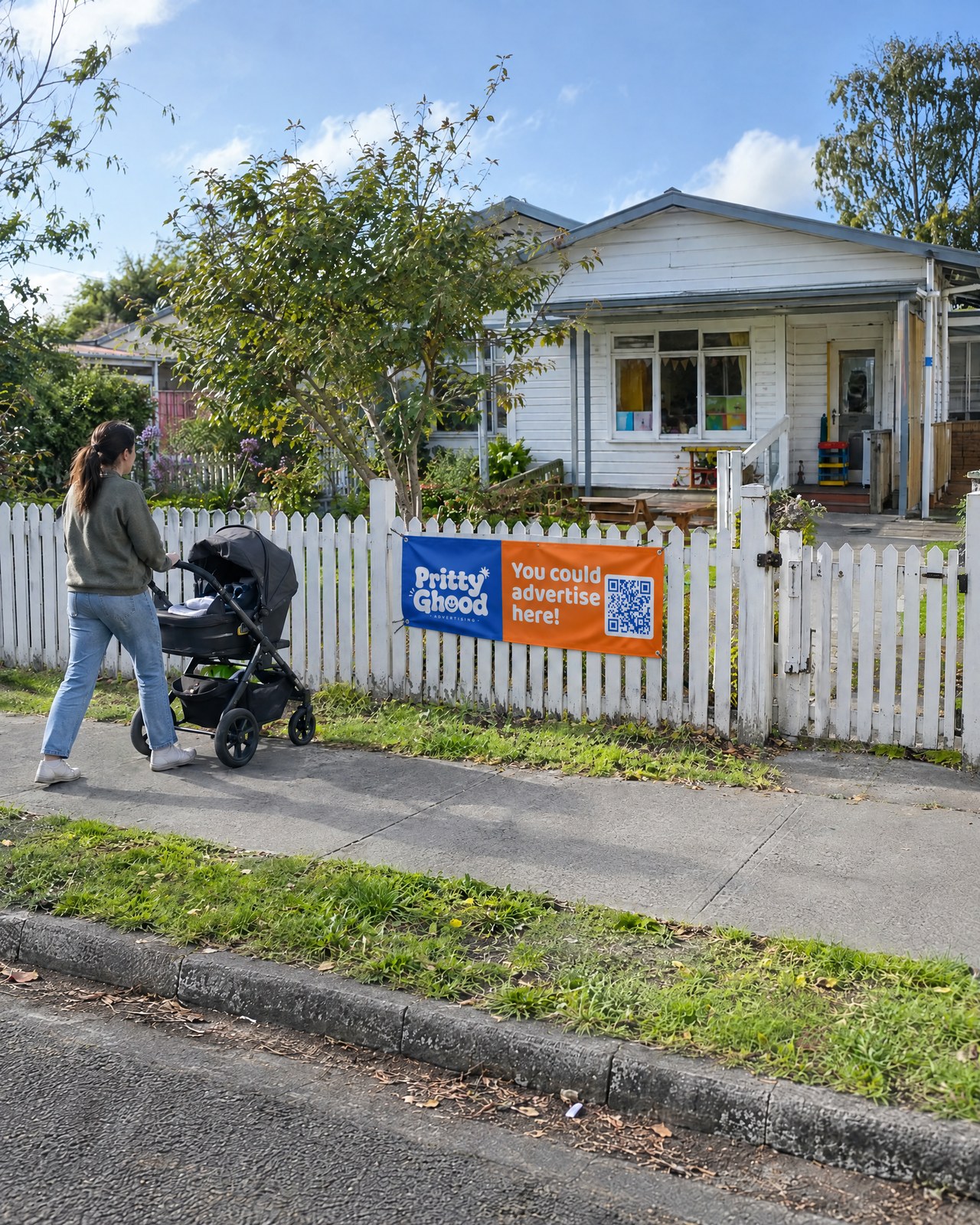A small Pritty Ghood banner on a childcare centre's front fence, with a parent and pram walking past