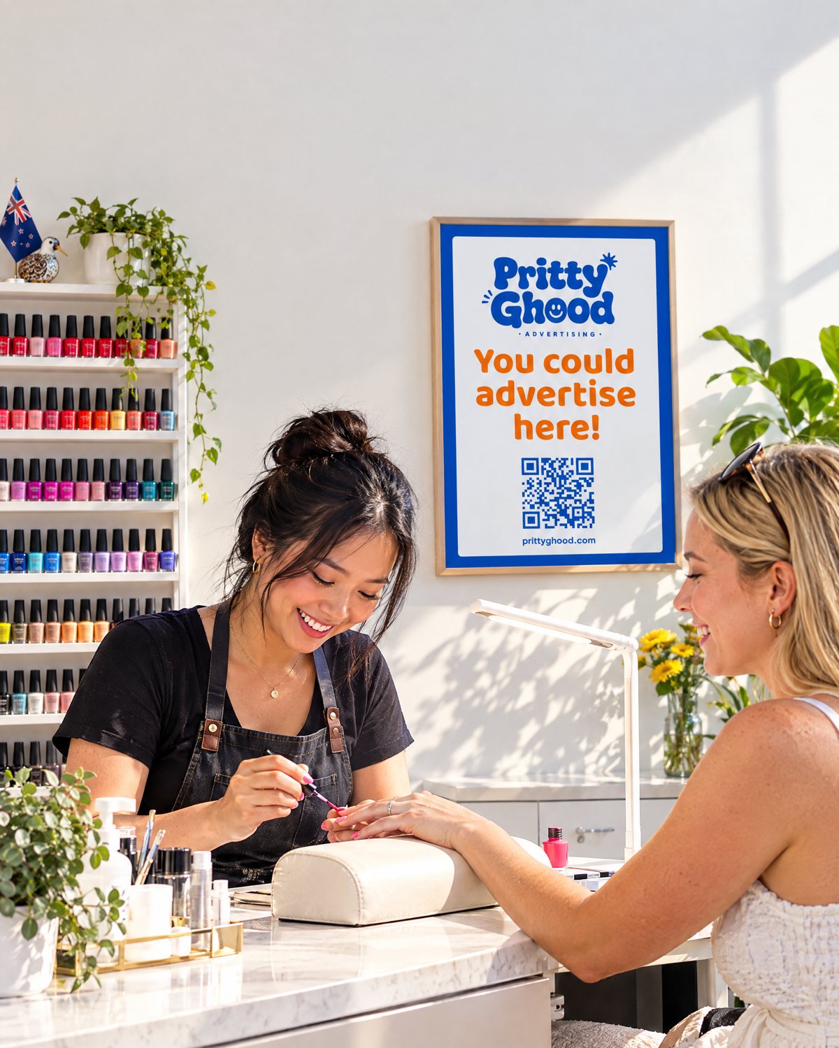 A nail technician and her client laughing at a nail station under a Pritty Ghood poster