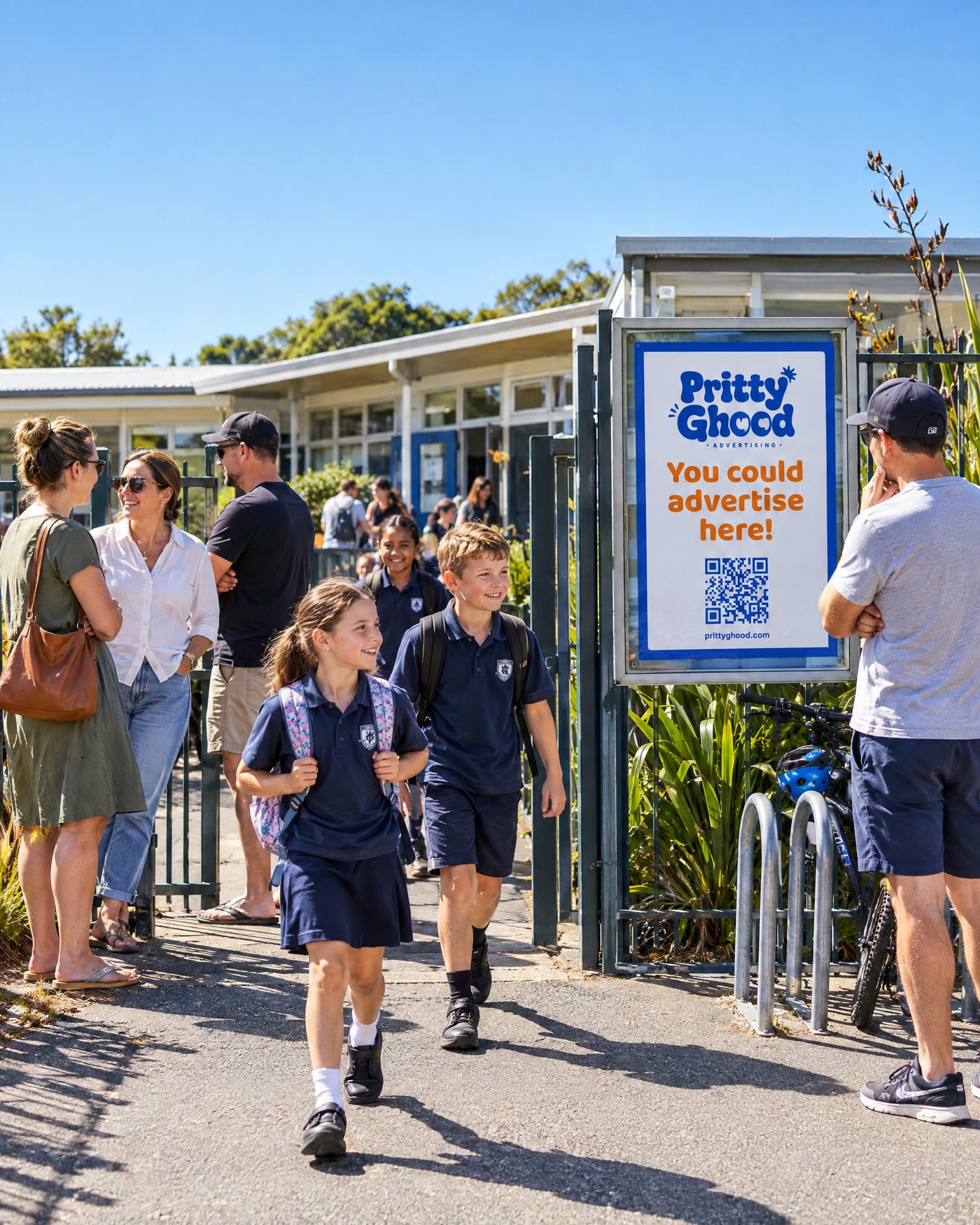 Parents waiting at a primary school gate at pickup beside a noticeboard with a Pritty Ghood poster