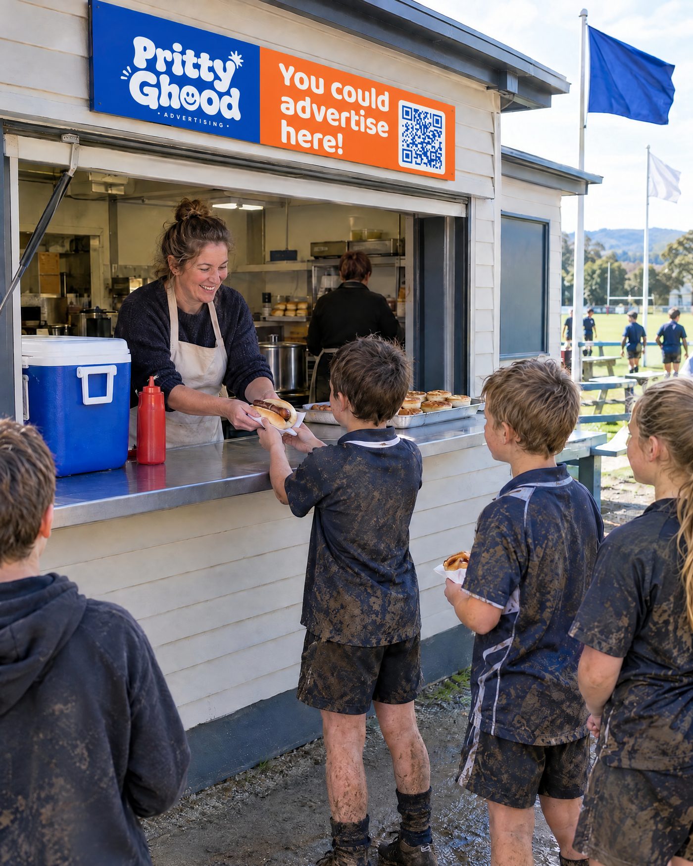 Kids in muddy footy shirts being served at a food counter window with a Pritty Ghood banner above it